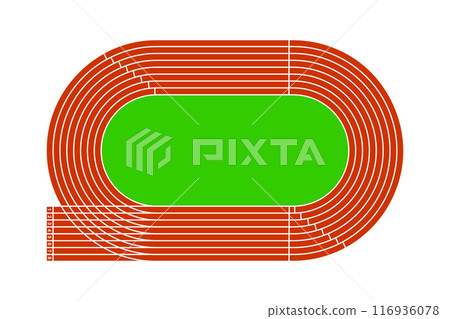 Red running track with green grass field. Stadium top view. Racetrack for sprint, marathon or other athletic sports competition isolated on white background. Vector flat illustration 116936078