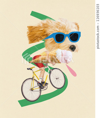 Contemporary art collage. Dog-headed cyclist wearing blue sunglasses, riding bike and eating large ice cream cone, with green line, as road in background. Contemporary art collage. Dog-headed cyclist wearing blue sunglasses, riding bike and eating large ice cream cone, with green line, as road in background. 116936103