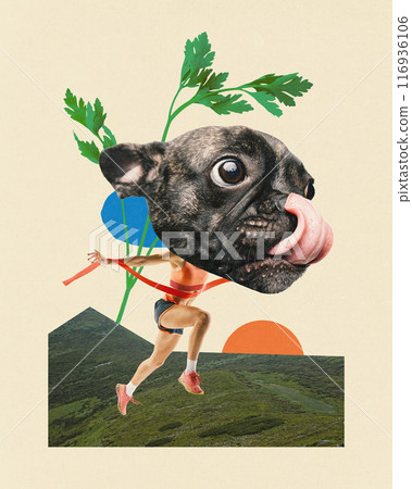 Contemporary art collage. Dog-headed runner crossing finish line, set against backdrop of green hills and abstract shapes. 116936106