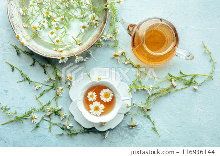 Chamomile flower tea. A tea cup and a tea pot with fresh medicinal flowers 116936144