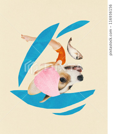 Contemporary art collage. Funny swimmer with dog head in pink hat diving into water with fish against beige background. 116936156