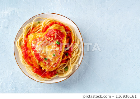 Chicken Parmesan, Italian pasta dish. Breaded chicken breast with cheese 116936161