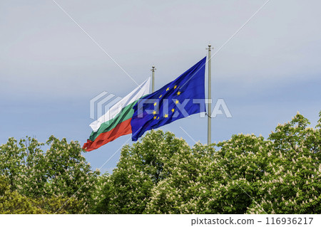 European Union and Bulgaria flag waving in wind on background of sky, trees. Diplomacy concept, international relations 116936217