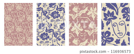 Vertical posters or cards set with ink wash drawings of abstract female face and flowers silhouettes on dark background Vertical posters or cards set with ink wash drawings of abstract female face and flowers silhouettes on dark background 116936573