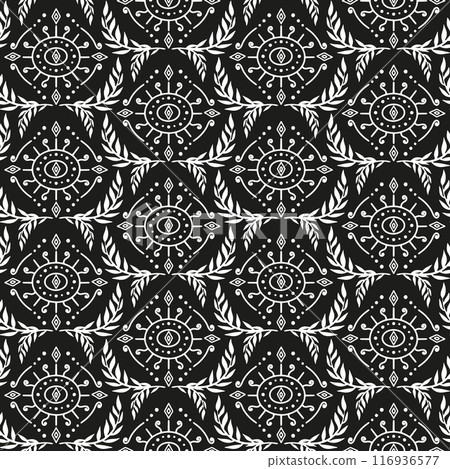 Seamless white Damask pattern on a black background. Seamless white Damask pattern on a black background. 116936577