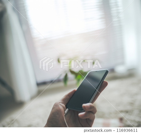 The hands of a man manipulating a smartphone 116936611