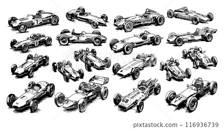 Old School Formula 1 Cars Engraving Style Icons Set Vintage Racing Vehicles Line Sketch Crisp Contours Classic Design Elements Retro Sports Illustrations Detailed Drawings Racing 116936739