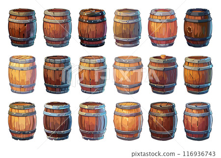 Oak Barrels Icon Set Simple Vector Cartoon Style White Background Wooden Barrels Storage Containers Wine Aging Whiskey Barrels Brewing Barrels Graphic Design Elements Oak Barrels Icon Set Simple Vector Cartoon Style White Background Wooden Barrels Storage Containers Wine Aging Whiskey Barrels Brewing Barrels Graphic Design Elements 116936743
