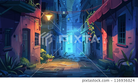 Ghetto Street at Night Cartoon Background Environment for Adventure Mobile Game Urban Night Scene Dark City Alley Cartoon Style Artistic Illustration Adventure Gaming Setting 116936824