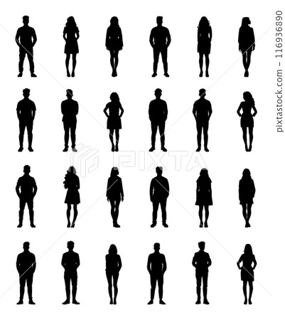 Black Silhouettes Of Men And Women Standing Crisp Contours On A White Background Human Figures Vector Minimalistic Illustration Gender Diversity People Icons Graphic Design Elements 116936890