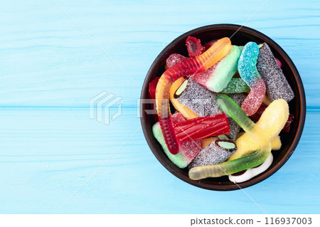Mix of colorful gummy candies . Sweet dessert Mix of colorful gummy candies . Sweet dessert 116937003