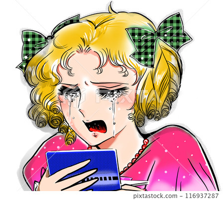 70 年代女孩卡通因銀行存摺缺乏餘額而哭泣和尖叫，金髮美女和透明背景 116937287