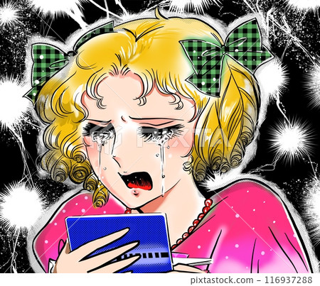 70 年代女孩卡通因銀行存摺餘額不足而哭泣尖叫，金髮美女和閃電背景 116937288