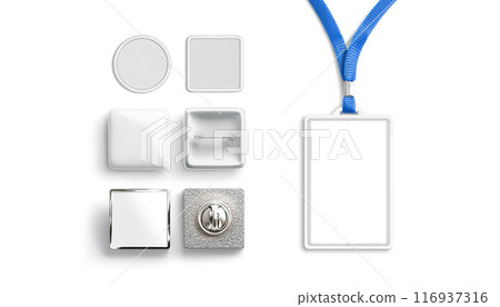 Blank white badge mockup, different types, isolated Blank white badge mockup, different types, isolated 116937316