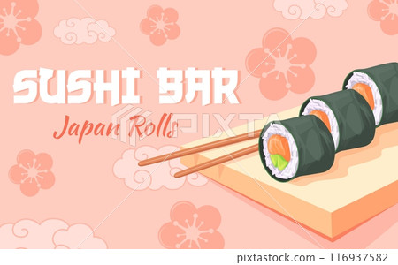 Sushi rolls banner. Japanese cookery seafood menu advertising event invitation poster, fresh sushi sashimi sushi-bar cafe flyer fish food asian tradition, neat vector illustration 116937582