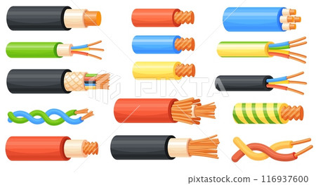 Copper cable wires. Electrical wire, electric conductor energy power cables fiber connection insulation electricity supply cord industrial network cartoon neat vector illustration 116937600