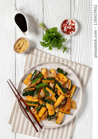 Japanese Hibachi Zucchini on a plate, top view Japanese Hibachi Zucchini on a plate, top view 116937602