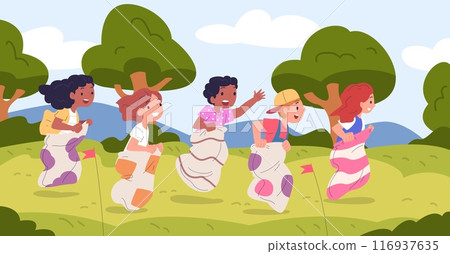 Kid sack race. Children competition jump in sacks, summer outdoor fun game happy young jumping boys and girls play outside indonesian independence day, classy vector illustration 116937635