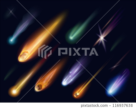 Realistic meteors. 3d falling asteroids isolated meteoroid flying in universe, fire comet fantasy colorful asteroid shower space object rocket explosion, exact vector illustration 116937638