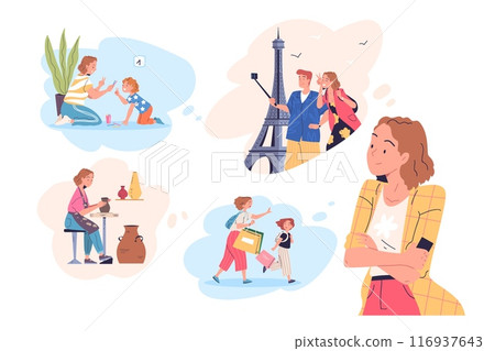 Past memories. Female positive memory important life remember, happy woman experience dream nostalgia moment scene in head lady personality psychology vector illustration 116937643