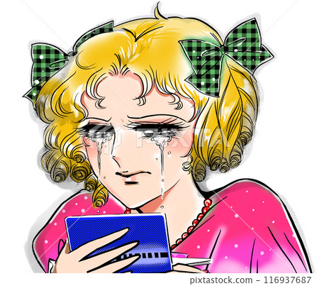 Portrait of a beautiful blonde girl in the style of a 70s manga crying because her bank balance is too low, with a transparent background Portrait of a beautiful blonde girl in the style of a 70s manga crying because her bank balance is too low, with a transparent background 116937687