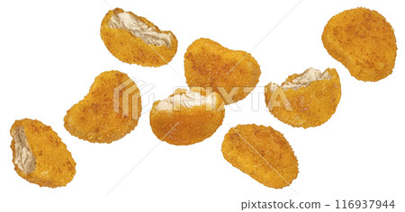 Falling chicken nuggets isolated on white background with clipping path, full depth of field Falling chicken nuggets isolated on white background with clipping path, full depth of field 116937944