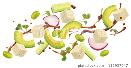 Tofu poke ingredients isolated on white background with clipping path Tofu poke ingredients isolated on white background with clipping path 116937947