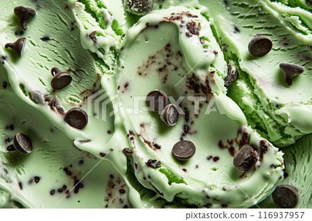 Close Up of Mint Chocolate Chip Ice Cream with Chocolate Chips. Close Up of Mint Chocolate Chip Ice Cream with Chocolate Chips. 116937957