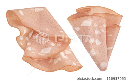 Mortadella sausage slices isolated on white background with clipping path, full depth of field 116937963