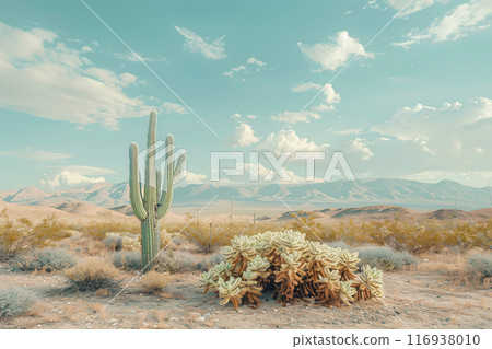 Lonely cactus in the desert. with different prairie and desert grasses, bushes, plants. Minimalist desert landscape. AI Generated. 116938010