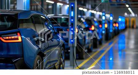 Fleet of Electric Business Vehicles Recharging at Charging Stations. 116938011