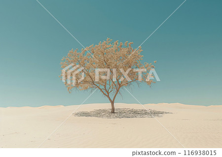 Lonely tree growing under amazing blue sky at drought desert landscape. Nature background. AI Generated. 116938015