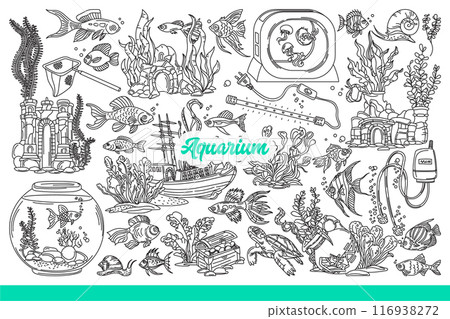 Aquarium decorations with fish swimming among algae and corals. Hand drawn doodle Aquarium decorations with fish swimming among algae and corals. Hand drawn doodle 116938272