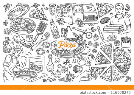 Pizza in process preparation and delivery, near chef and ingredients for recipe. Hand drawn doodle Pizza in process preparation and delivery, near chef and ingredients for recipe. Hand drawn doodle 116938273