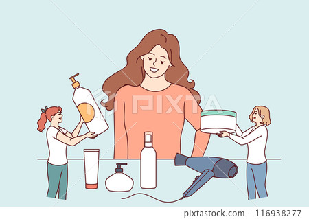 Woman chooses hair styling method while standing near table with shampoos and creams or hair dryer 116938277