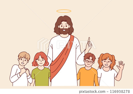 Jesus christ smiles standing with children, preaching kindness to followers of christian religion 116938278
