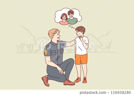 Kind policeman helps boy who has lost parents and sad because is afraid of not finding mom and dad 116938280