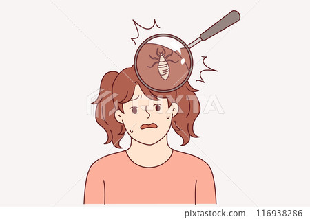 Lice and parasites live in hair of little girl who needs medicated shampoo or visit to hairdresser Lice and parasites live in hair of little girl who needs medicated shampoo or visit to hairdresser 116938286