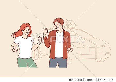Gift car tied with large bonus stands near overjoyed couple who won automobile in lottery Gift car tied with large bonus stands near overjoyed couple who won automobile in lottery 116938287