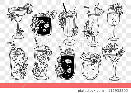 Cold cocktails with ice in different glasses from nightclub or beach bar. Hand drawn doodle Cold cocktails with ice in different glasses from nightclub or beach bar. Hand drawn doodle 116938293