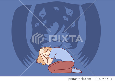 Woman experiences panic attack or suffers from hallucinations seeing terrible monster Woman experiences panic attack or suffers from hallucinations seeing terrible monster 116938305