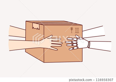 Synergy of human and robot working together in logistics and holding cardboard box with order 116938307