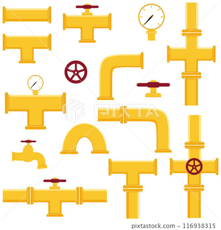 A set of industrial pipelines. Oil, water or gas pipeline with fittings and valves. Isolated vector illustration 116938315