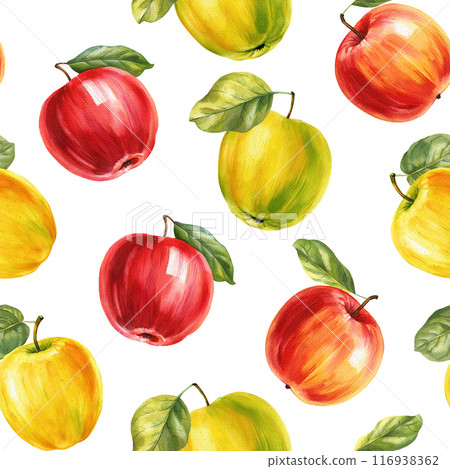 Colorful apples. Seamless pattern watercolor botanical painting. Kitchen design for fabric, textile, paper, wallpaper 116938362