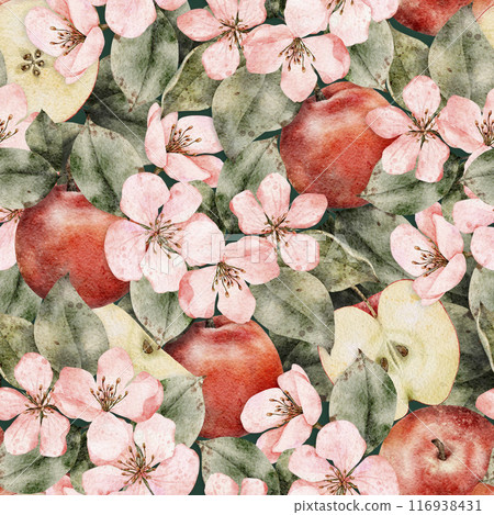 Seamless pattern of fresh red apples with leaves and flowers. Food texture. Repeating red, juicy apples whole. Watercolor Illustration fruit for juice pack, tablecloth, cover, apron, apple picking or 116938431