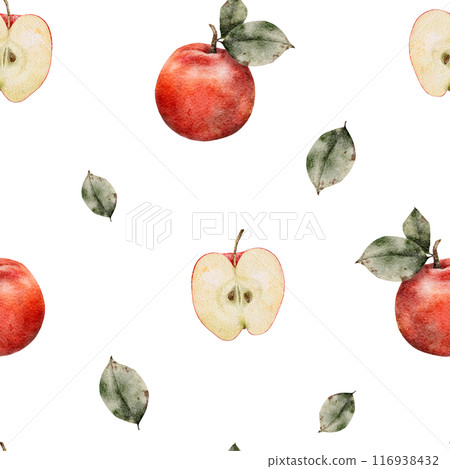 Seamless pattern of fresh red apples with leaves. Food texture. Repeating red, juicy apples whole. Watercolor Illustration fruit for juice pack, tablecloth, cover, apron, apple picking or food 116938432
