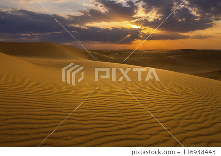Sunset over the sand dunes in the desert. Sahara desert Sunset over the sand dunes in the desert. Sahara desert 116938443