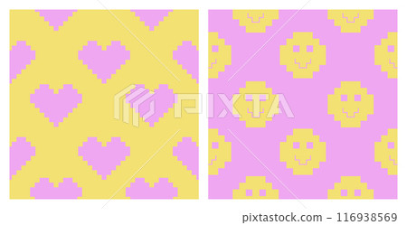 Pixel Y2k retro seamless pattern set. 90s trendy playful art. Hearts, smile in yellow and pink colours. 8bit aesthetics vector illustration. Naive Simple geometric form. Funny colored vector Pixel Y2k retro seamless pattern set. 90s trendy playful art. Hearts, smile in yellow and pink colours. 8bit aesthetics vector illustration. Naive Simple geometric form. Funny colored vector 116938569