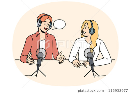 Radio show hosts sit around table with microphones discussing latest news preparing online podcast 116938977