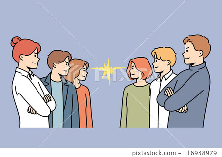 Groups of competing office workers look at each other demonstrating courage and readiness to fight Groups of competing office workers look at each other demonstrating courage and readiness to fight 116938979